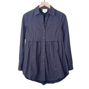 Maeve Anthropologie Button Front Blouse Navy Blue Cotton Print Size XS